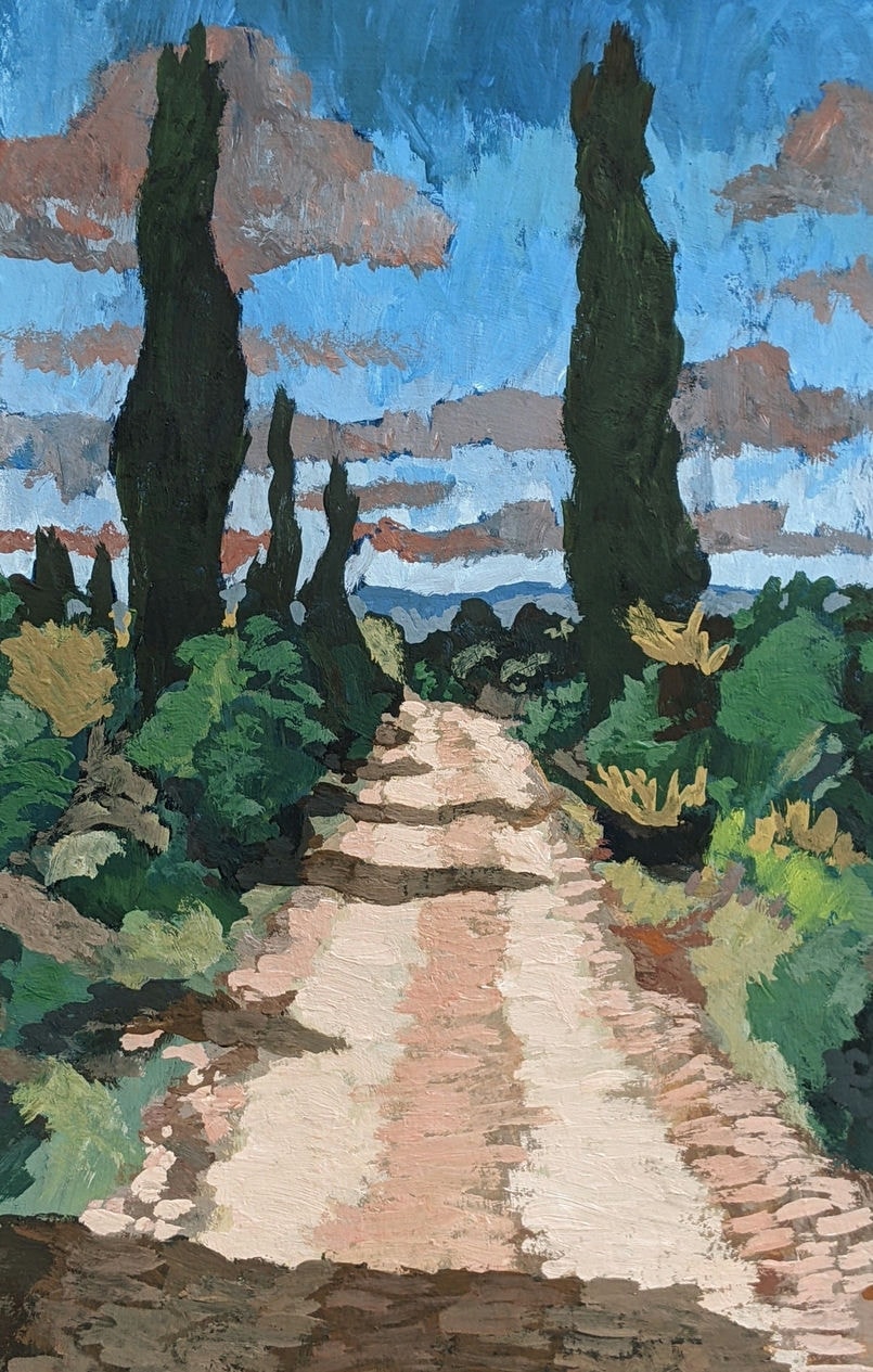 Chemin, 2023, Casein on cardboard.